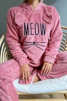 Pembe Meow Desenli Tam Peluş Pijama Takımı - Thumbnail