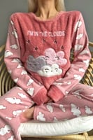 Pembe Moon Cloud Desenli Kadın Peluş Pijama Takımı - Thumbnail
