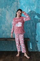 Pembe Moon Cloud Desenli Kız Çocuk Peluş Pijama Takımı - Thumbnail
