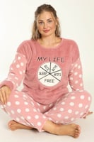 Pembe My Life Desenli Büyük Beden Battal Peluş Pijama Takımı - Thumbnail