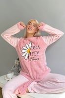 Pembe Papatya Desenli Kadın Peluş Pijama Takımı - Thumbnail