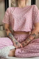 Pembe Point Desenli Örme Crop Kısa Kol Kadın Pijama Takımı - Thumbnail