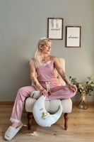Pembe Puan Papatya Dantelli İp Askılı Örme Kadın Pijama Takımı - Thumbnail