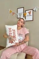 Pembe Sleep Baskılı Örme Kısa Kollu Kadın Pijama Takımı - Thumbnail