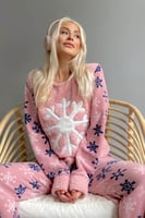 Pembe Snefnug Desenli Kadın Peluş Pijama Takımı - Thumbnail