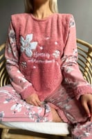 Pembe Yaprak Desenli Kadın Peluş Pijama Takımı - Thumbnail