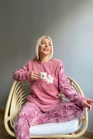 Pembe Yonca Desenli Kadın Peluş Pijama Takımı - Thumbnail