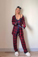Piti Kareli Baskılı Sabahlıklı Kadife Pijama Takımı - Thumbnail