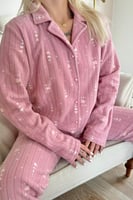 Pudra Kalp Desenli Önden Düğmeli Peluş Polar Pijama Takımı - Thumbnail