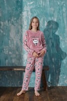 Pudra Relax Panda Desenli Kız Çocuk Peluş Pijama Takım - Thumbnail