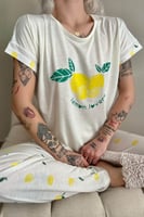 Sarı Lemon Baskılı Örme Kısa Kollu Kadın Pijama Takımı - Thumbnail