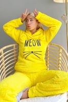 Sarı Meow Desenli Tam Peluş Pijama Takımı - Thumbnail