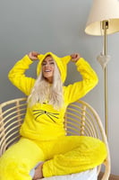 Sarı Meow Desenli Tam Peluş Pijama Takımı - Thumbnail