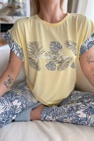 Sarı Perfect Love Baskılı Örme Kısa Kol Kadın Pijama Takımı - Thumbnail