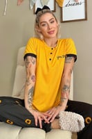 Sarı You Nakışlı Kısa Kollu Örme Kadın Pijama Takımı - Thumbnail