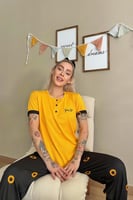 Sarı You Nakışlı Kısa Kollu Örme Kadın Pijama Takımı - Thumbnail