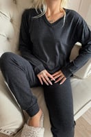 Siyah Bambu Uzun Kol Kadın Pijama Takımı - Thumbnail