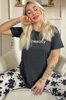 Siyah Beauty Desenli Kısa Kollu Örme Kadın Pijama Takımı - Thumbnail