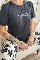 Siyah Beauty Desenli Kısa Kollu Örme Kadın Pijama Takımı - Thumbnail