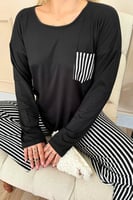Siyah Çizgi Desenli Bambu Uzun Kol Kadın Pijama Takımı - Thumbnail