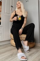 Siyah Dantelli İp Askılı Örme Kadın Pijama Takımı - Thumbnail