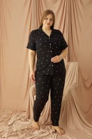 Siyah Kalp Desenli Önden Düğmeli Büyük Beden Battal Pijama - Thumbnail