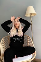 Siyah Meow Desenli Tam Peluş Pijama Takımı - Thumbnail