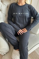 Siyah Minimalist Baskılı Bambu Uzun Kol Kadın Pijama Takımı - Thumbnail