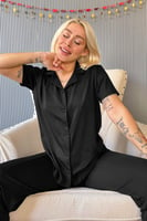 Siyah Örme Önden Düğmeli Kısa Kol Kadın Pijama Takımı - Thumbnail