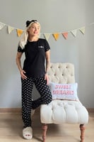 Siyah Spring Nakışlı Kısa Kollu Örme Kadın Pijama Takımı - Thumbnail