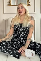 Siyah Zeytin Dalı Dantelli İp Askılı Örme Kadın Pijama Takımı - Thumbnail