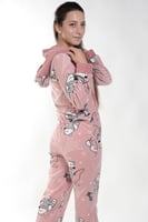 Somon Bear Desenli Kadın Polar Peluş Tulum Pijama Takımı - Thumbnail
