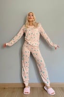 Somon Lama Baskılı Uzun Kol Kadın Pijama Takımı - Thumbnail