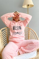 Somon Meow Desenli Tam Peluş Pijama Takımı - Thumbnail