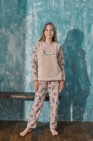 Somon Milk Desenli Kız Çocuk Peluş Pijama Takımı - Thumbnail