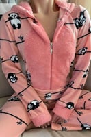 Somon Sleep Panda Desenli Kadın Polar Peluş Tulum Pijama Takımı - Thumbnail