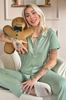 Su Yeşili Önden Düğmeli Kısa Kol Örme Kadın Pijama - Thumbnail
