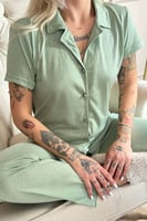 Su Yeşili Önden Düğmeli Kısa Kol Örme Kadın Pijama - Thumbnail