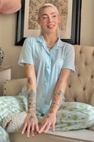 Su Yeşili Wonderful Baskılı Örme Önden Düğmeli Kısa Kol Kadın Pijama - Thumbnail