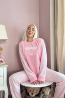 Toz Pembe Dont Panic Desenli Kadın Peluş Pijama Takımı - Thumbnail