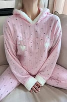 Toz Pembe Heart Magic Desenli Kapşonlu Peluş Polar Pijama - Thumbnail