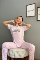 Toz Pembe Love Puan Baskılı Örme Kısa Kollu Kadın Pijama Takımı - Thumbnail