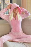 Toz Pembe Mini Kalp Desenli Kadın Polar Peluş Tulum Pijama Takımı - Thumbnail