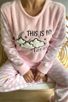 Toz Pembe Moon Cloud Desenli Kadın Peluş Pijama Takımı - Thumbnail