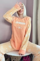 Turuncu Dont Panic Desenli Kadın Peluş Pijama Takımı - Thumbnail