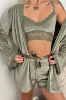 Yeşil Bralet Exclusive Kadife Sabahlıklı Kadın Pijama Takımı  - Thumbnail