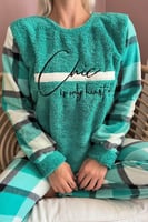 Yeşil Deep Chic Desenli Kadın Peluş Pijama Takımı - Thumbnail