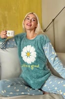 Yeşil Life is Good Desenli Kadın Peluş Pijama Takımı - Thumbnail