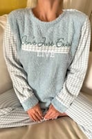 Yeşil Live Desenli Kadın Peluş Pijama Takımı - Thumbnail
