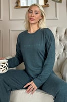 Yeşil Minimalist Baskılı Bambu Uzun Kol Kadın Pijama Takımı - Thumbnail